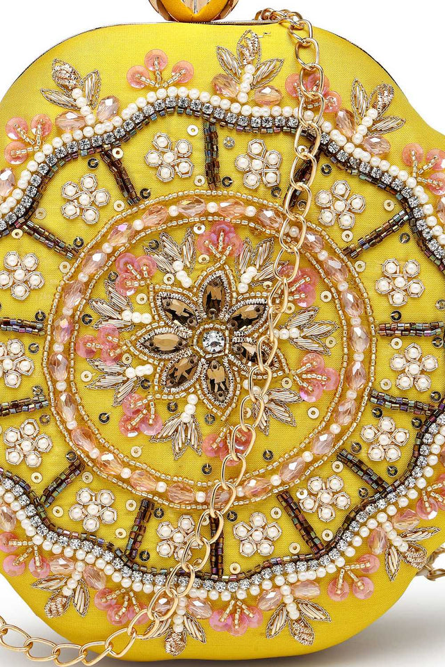 Yellow Embellished Faux Silk Clutch