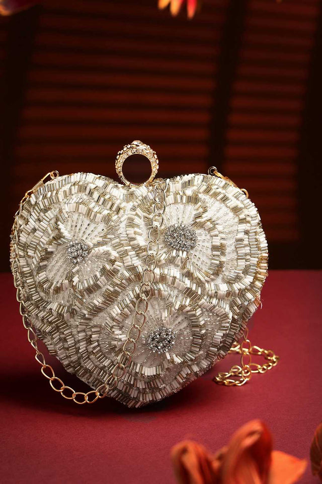 White Embellished Faux Silk Clutch