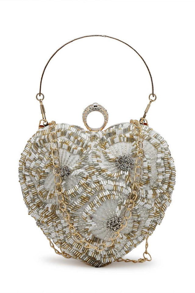 White Embellished Faux Silk Clutch