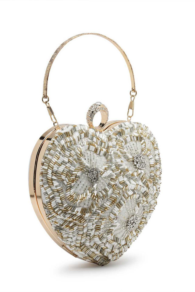 White Embellished Faux Silk Clutch