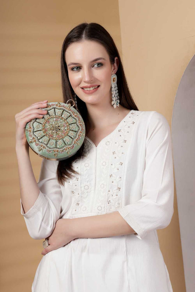 Green Embellished Faux Silk Clutch