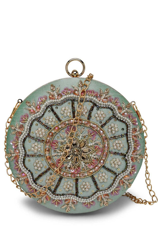 Green Embellished Faux Silk Clutch