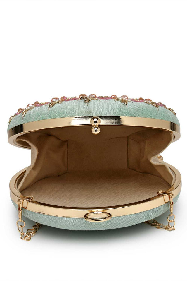 Green Embellished Faux Silk Clutch