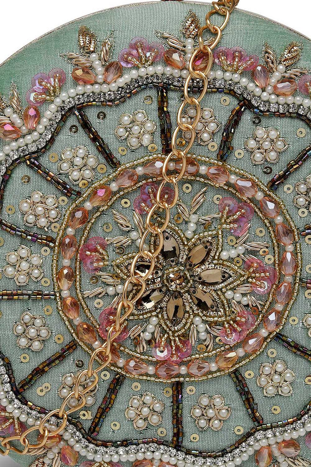 Green Embellished Faux Silk Clutch