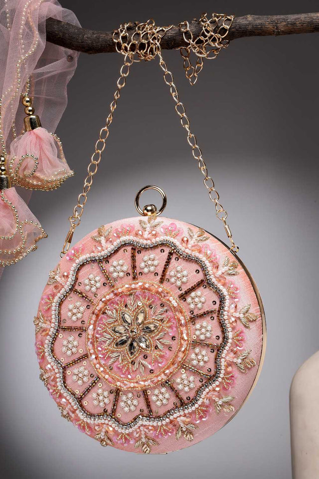 Orange Embellished Faux Silk Clutch