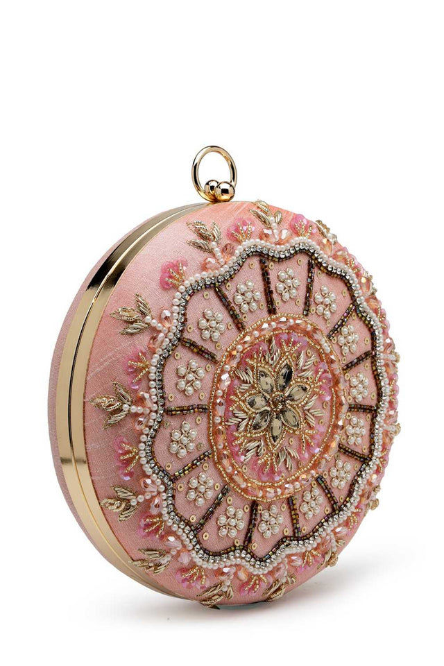 Orange Embellished Faux Silk Clutch