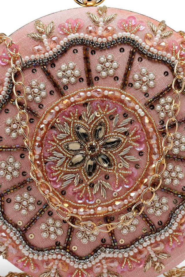 Orange Embellished Faux Silk Clutch