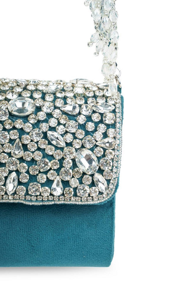 Multi Color Stone Embossed Suede Clutch