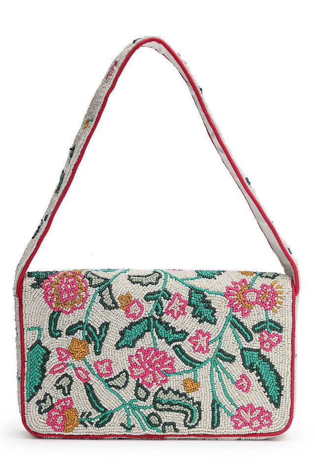 Multi Color Beads Embossed Canvas Clutch