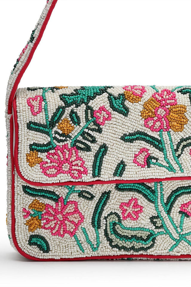 Multi Color Beads Embossed Canvas Clutch