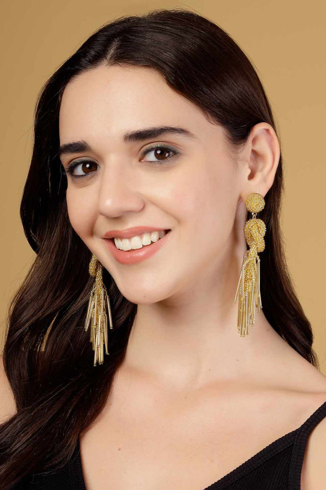 Gold Beadwork Plastic Drop Earrings