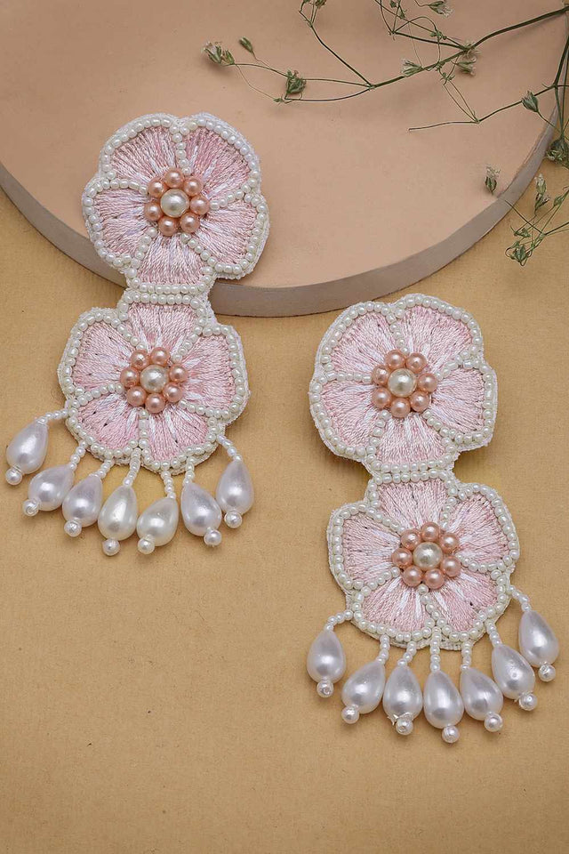 Pink Beadwork Fiber Drop Earrings