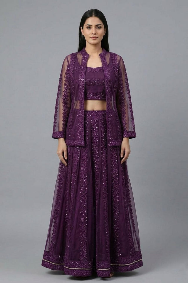 Purple Sequin with Embroidered Net Skirt Set (AHBLSKJK-COMBO-1185-DS)