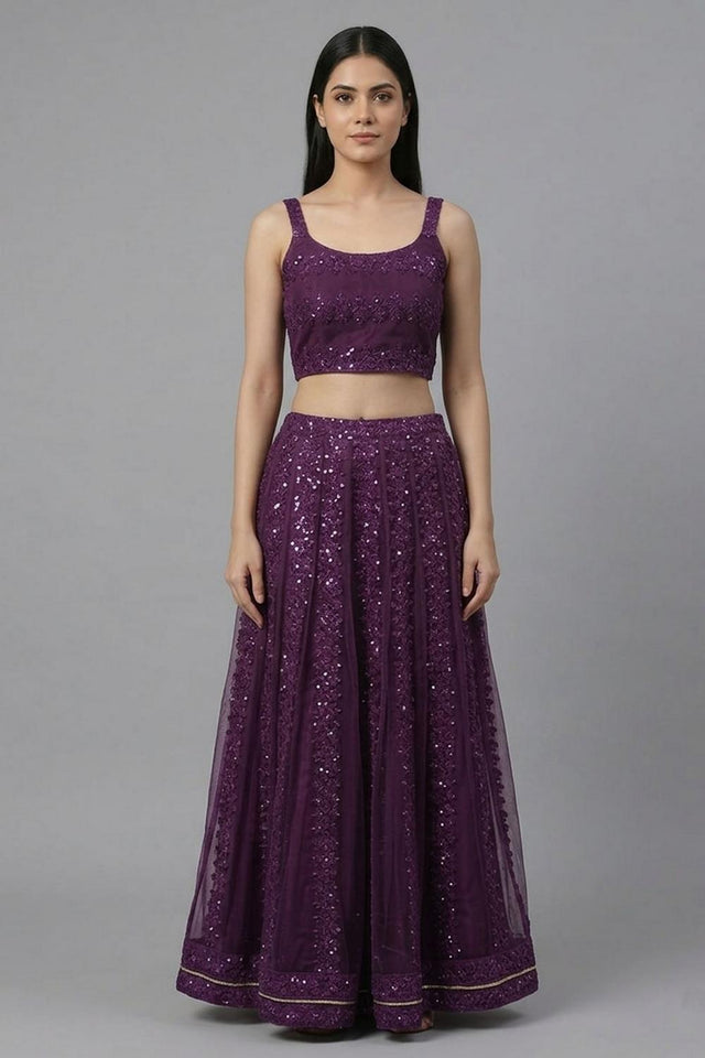 Purple Sequin with Embroidered Net Skirt Set (AHBLSKJK-COMBO-1185-DS)
