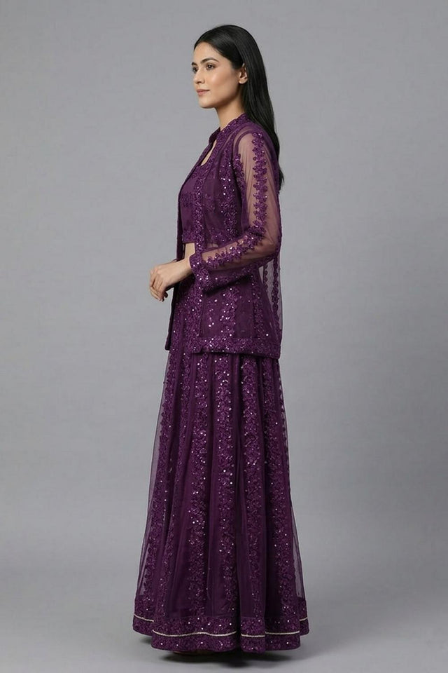 Purple Sequin with Embroidered Net Skirt Set (AHBLSKJK-COMBO-1185-DS)