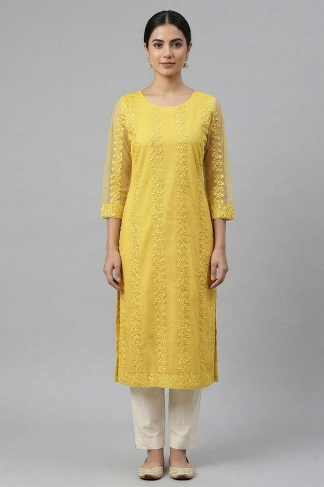 Yellow Embroidered Net Kurti Pant Set (AHKUNTEMB-1169-DS)