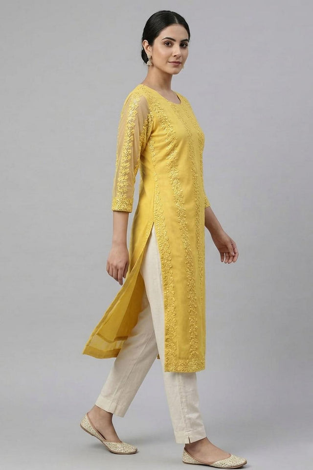 Yellow Embroidered Net Kurti Pant Set (AHKUNTEMB-1169-DS)