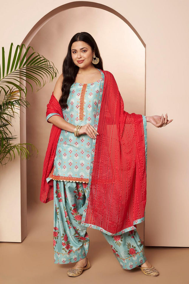 Green Floral Printed Silk Blend Kurti Palazzo Set (AHKUSLDU-COMBO-1166)
