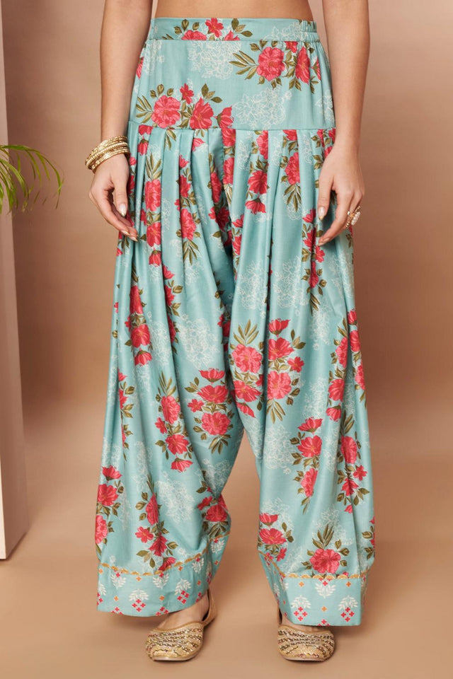 Green Floral Printed Silk Blend Kurti Palazzo Set (AHKUSLDU-COMBO-1166)
