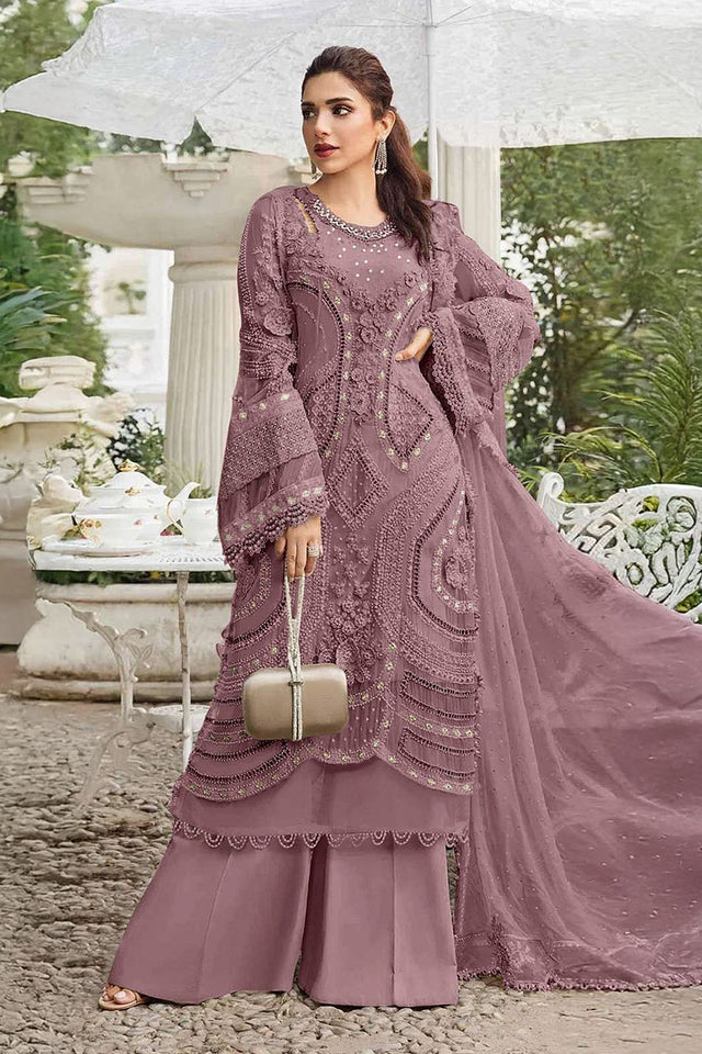 Brown Floral Embroidered Georgette Palazzo Suits