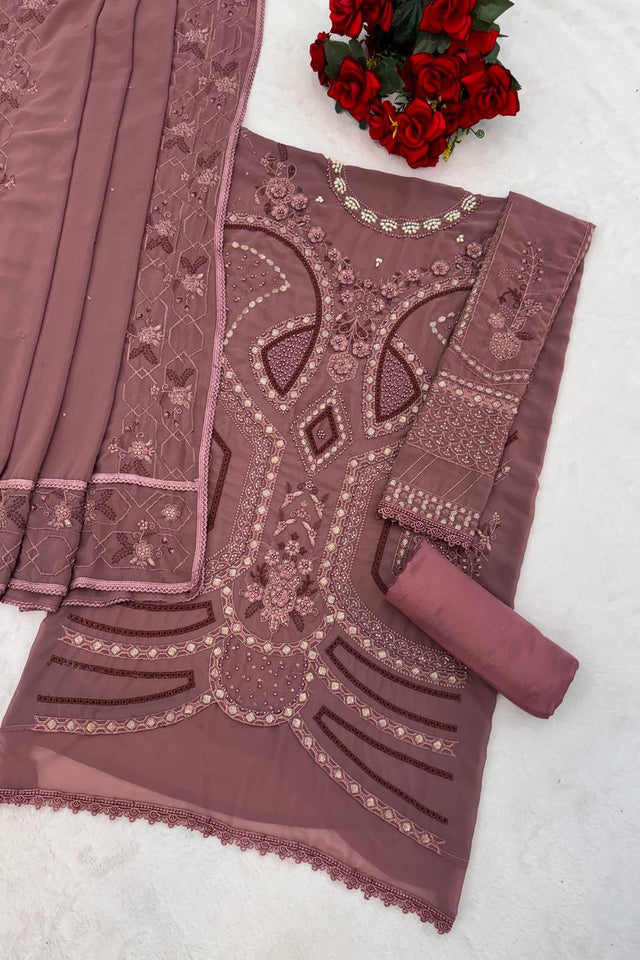 Brown Floral Embroidered Georgette Palazzo Suits