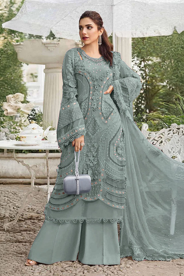 Green Floral Embroidered Georgette Palazzo Suits