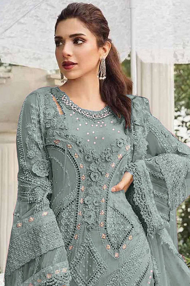 Green Floral Embroidered Georgette Palazzo Suits