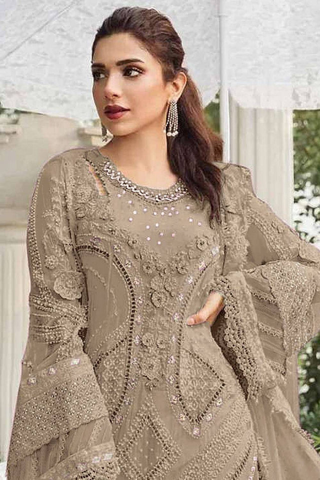 Brown Floral Embroidered Georgette Palazzo Suits