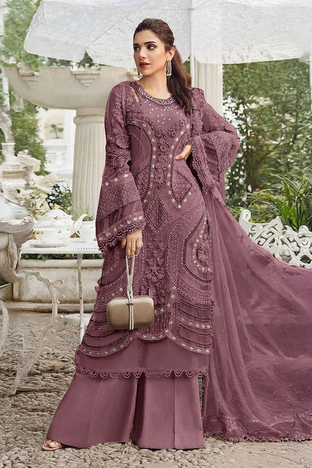 Brown Floral Embroidered Georgette Palazzo Suits