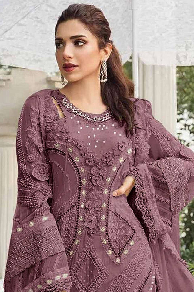 Brown Floral Embroidered Georgette Palazzo Suits