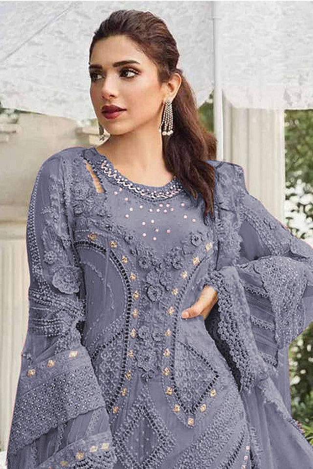 Violet Floral Embroidered Georgette Palazzo Suits