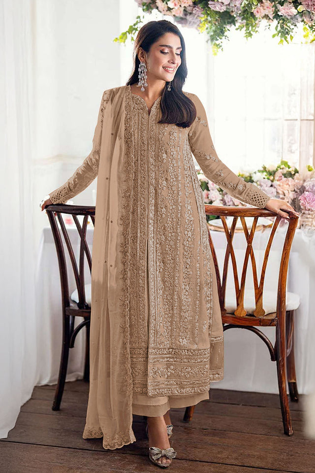 Beige Floral Embroidered Georgette Palazzo Suits