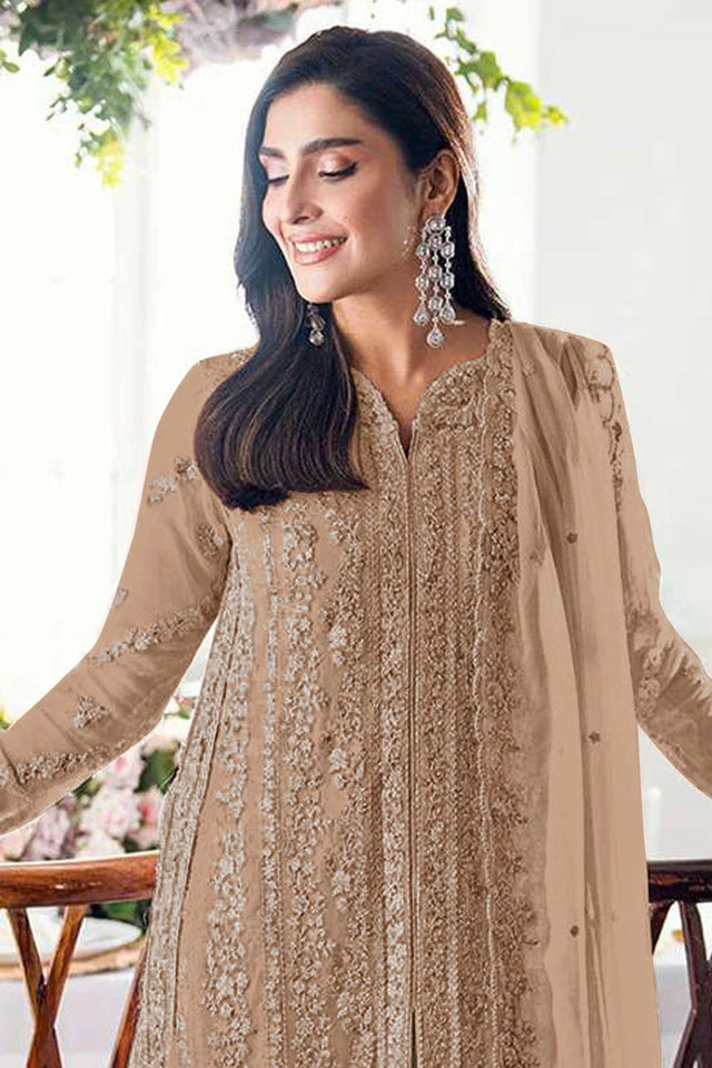 Beige Floral Embroidered Georgette Palazzo Suits