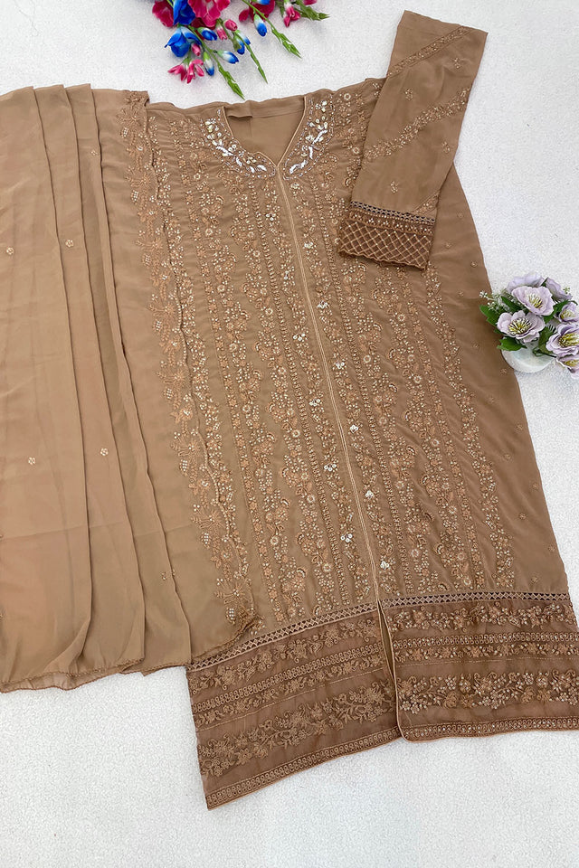 Beige Floral Embroidered Georgette Palazzo Suits