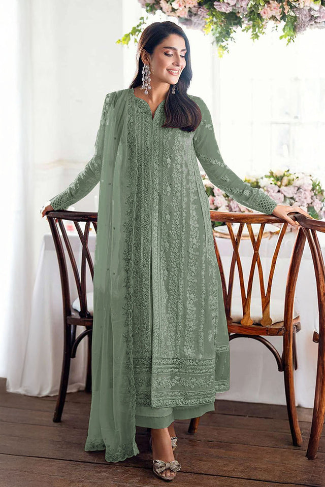 Green Floral Embroidered Georgette Palazzo Suits