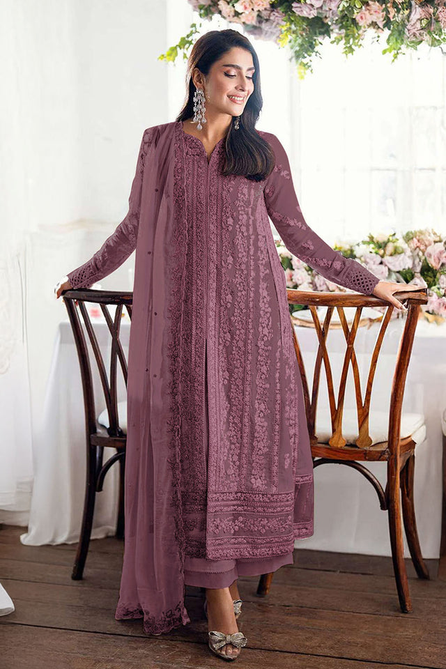 Mauve Floral Embroidered Georgette Palazzo Suits