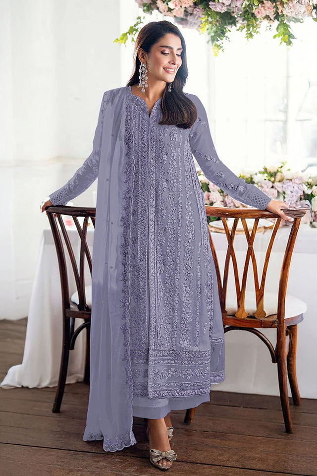 Violet Floral Embroidered Georgette Palazzo Suits