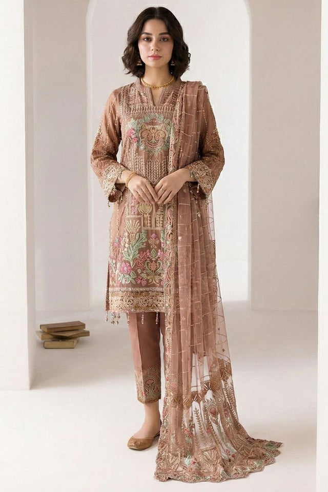 Brown Embroidered Georgette Kurti Pant Set