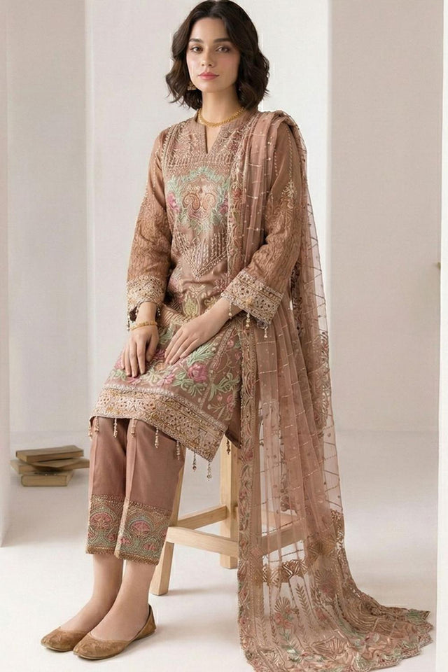Brown Embroidered Georgette Kurti Pant Set