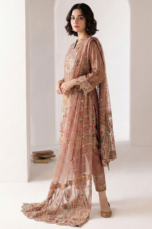 Brown Embroidered Georgette Kurti Pant Set