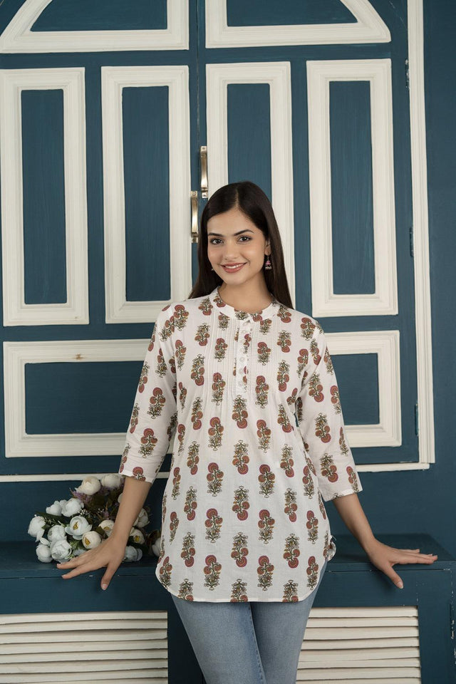 Off White Floral Printed Cotton Tunic (AM-BER2042)
