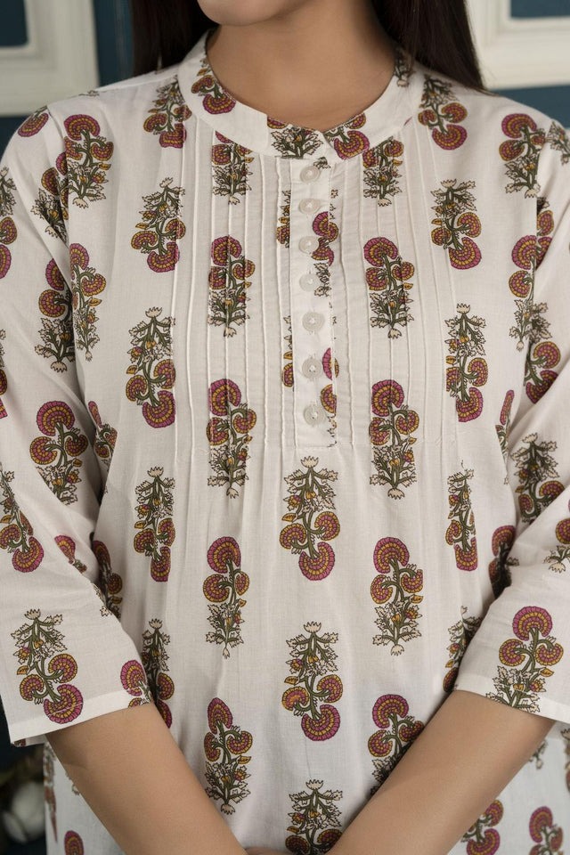 Off White Floral Printed Cotton Tunic (AM-BER2042)