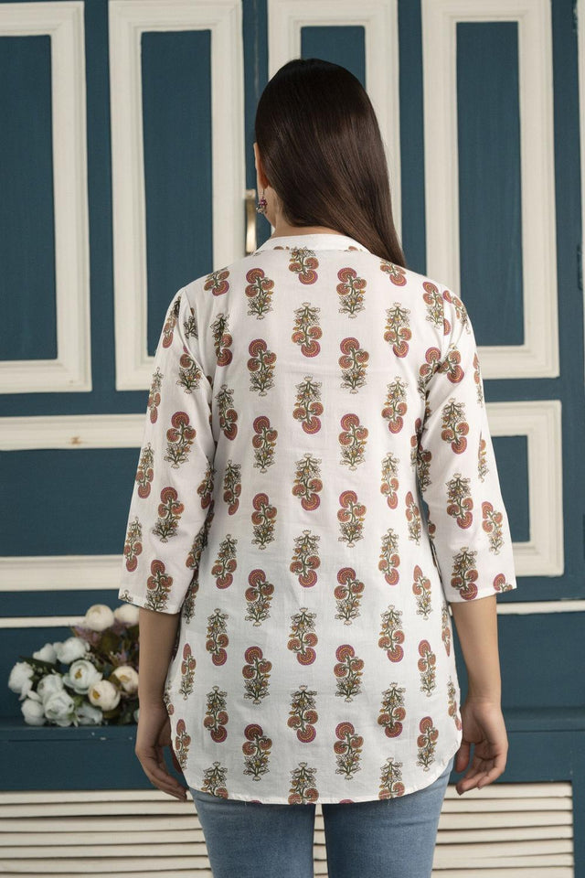 Off White Floral Printed Cotton Tunic (AM-BER2042)