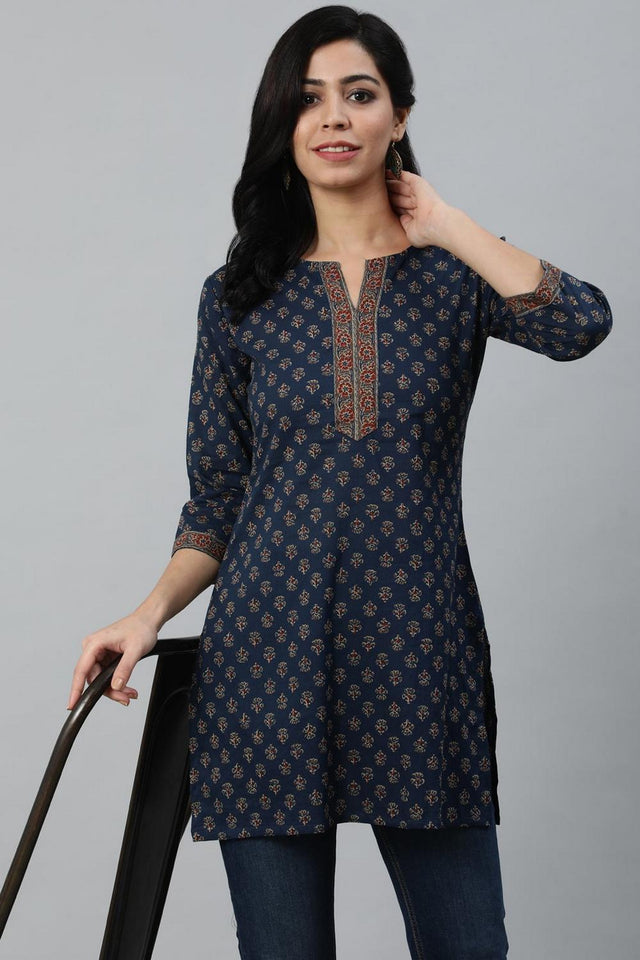 Navy Blue Printed Cotton Tunic (AM-BER3293)