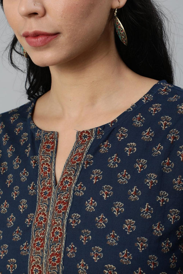 Navy Blue Printed Cotton Tunic (AM-BER3293)