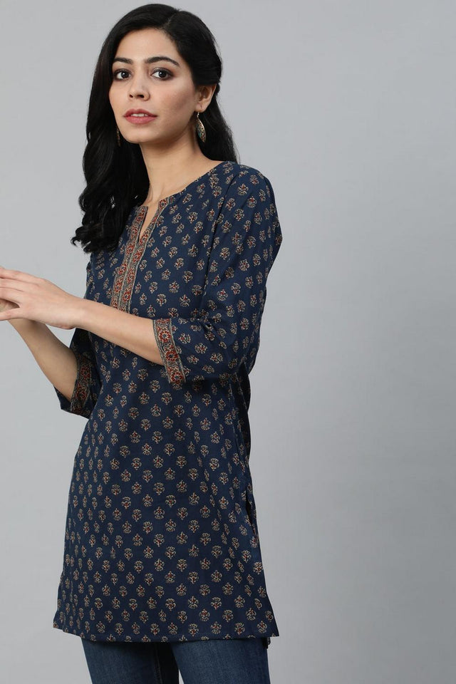 Navy Blue Printed Cotton Tunic (AM-BER3293)