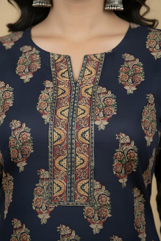 Navy Blue Printed Cotton Kurti (AM-BER3308)
