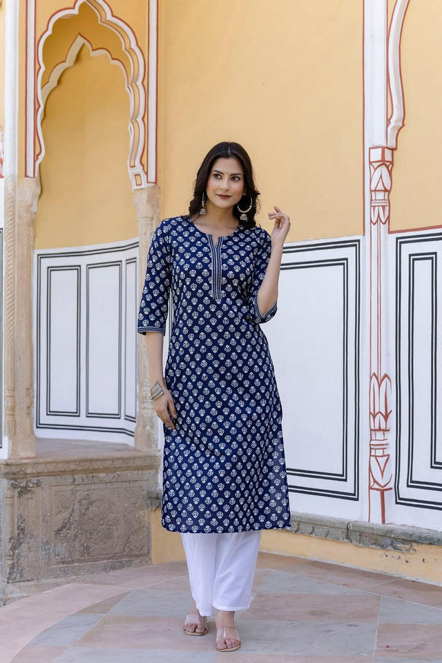 Blue Floral Printed Cotton Kurti (AM-BER3352)