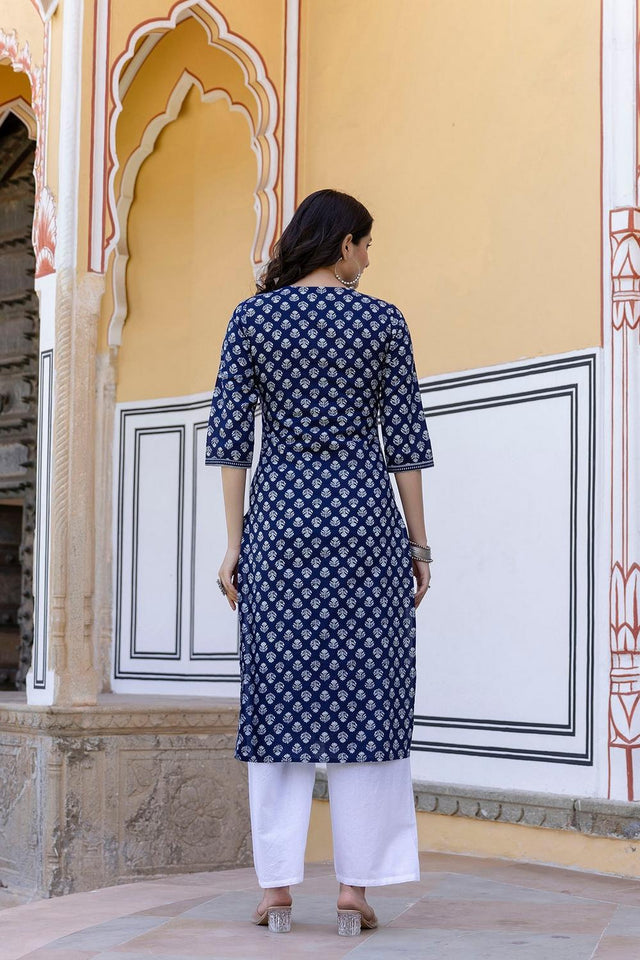Blue Floral Printed Cotton Kurti (AM-BER3352)
