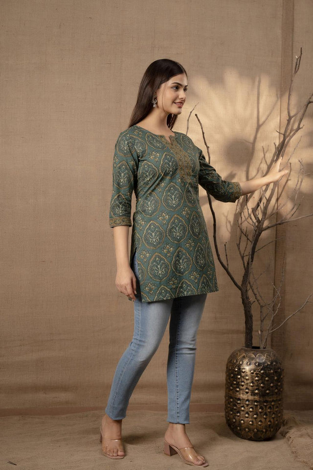 Green Floral Printed Cotton Tunic (AM-BER3473)